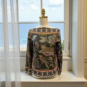 J Crew Ornate Jungle Print Boat Neck Drapey Top Sz XS